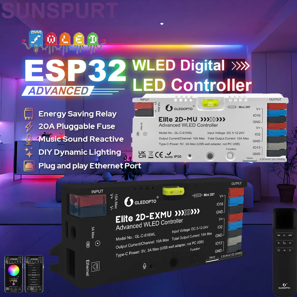5NEW GLEDOPTO Elite 2D EXMU Ethernet ESP32 WLED Tuya Zigbee LED Controller with MIC 20A Fuse DIY Dynamic Light FOR WS2811 SK6812