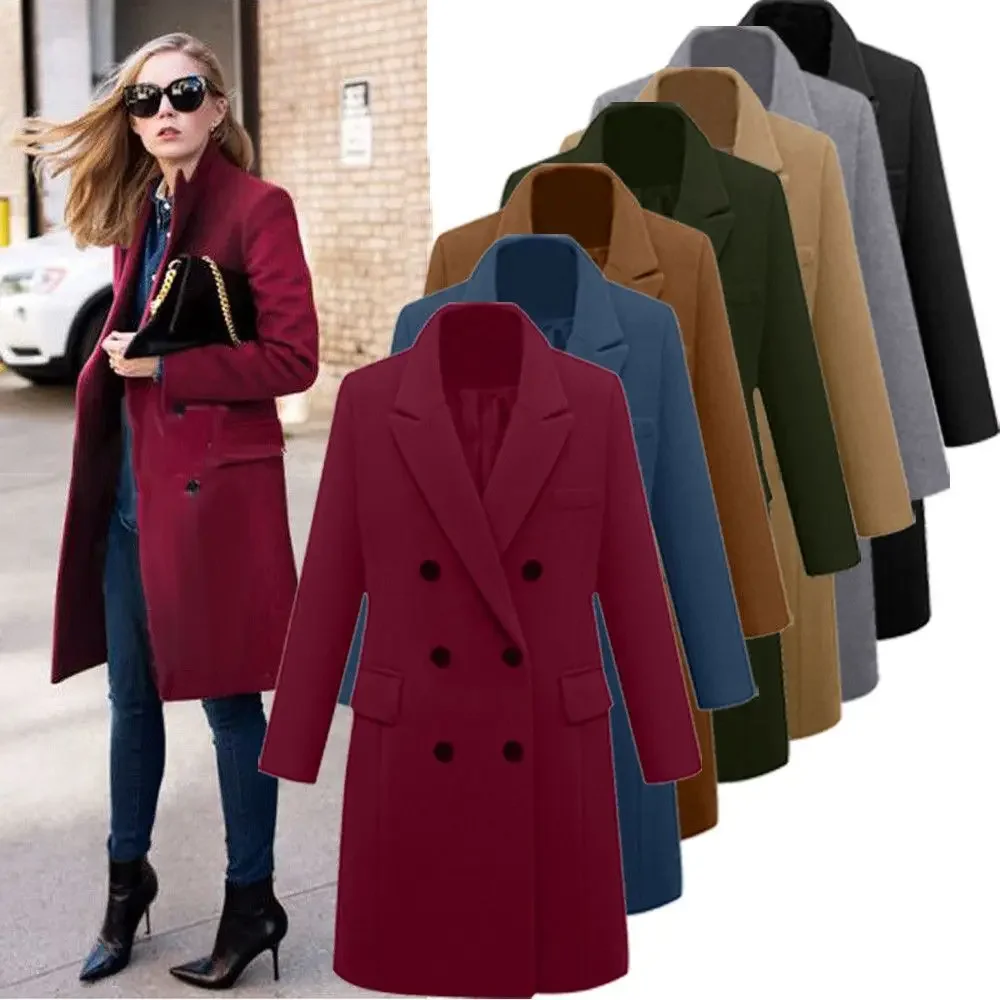 

Solid Color Autumn Winter Warm Outwear NEW Mid-Length Woolen Women's Coat Double-Breasted Woolen Coats Trench