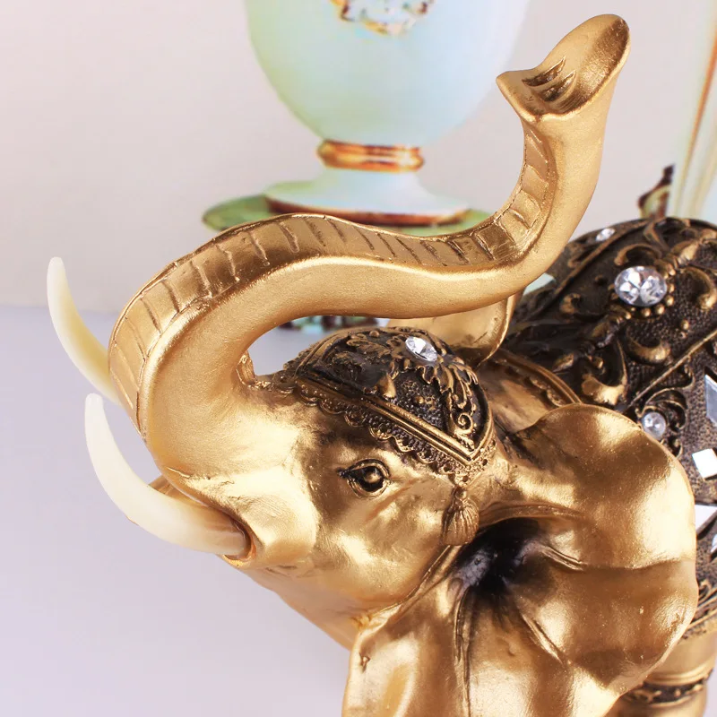 1PC Golden Resin Elephant Statue Feng Shui Elegant Elephant Trunk Sculpture Lucky Wealth Figurine Crafts Ornaments Home Decor