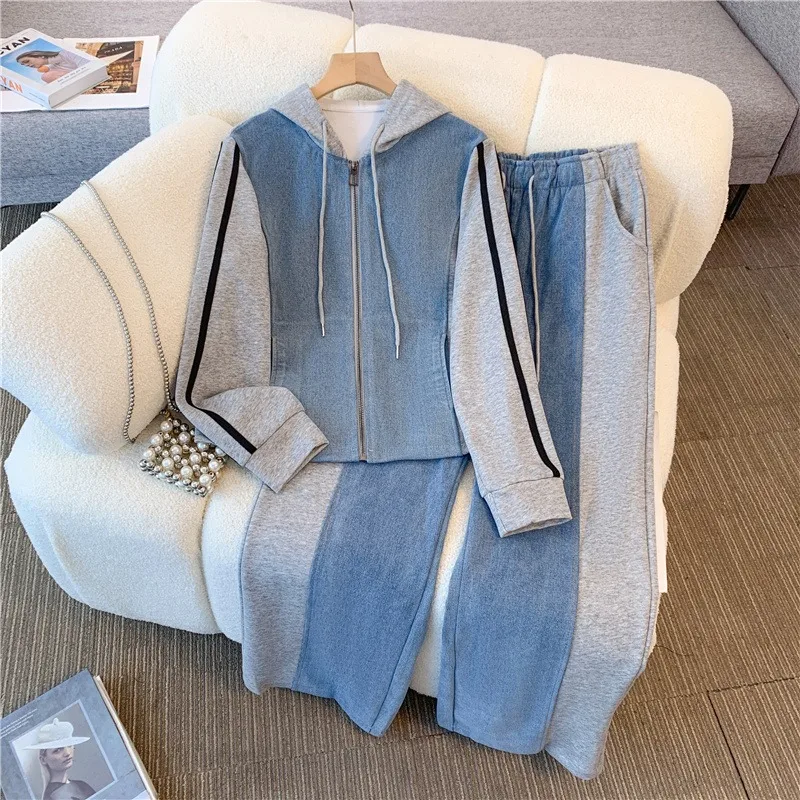 2024 Autumn Women Fashion Striped Denim Female Lapel Long Sleeve Buttons Cropped Coat + Women's Wide Leg Pants 2 Pieces Set