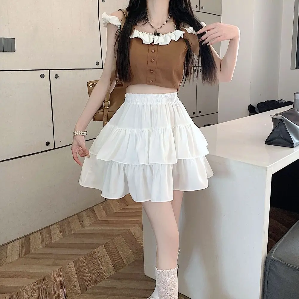 

A-line High Waisted Cake Skirt Elastic Waist with Safty Pants Pleated Fluffy Mini Skirt Double Layer Short Dress