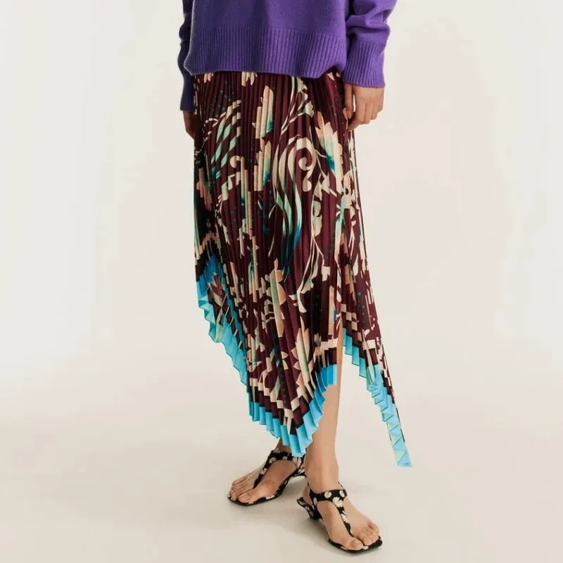 New 2026 Early Autumn Casual Print Asymmetrical Pleated Midi Skirt Women's mid Waist Loose Fit Other Material Skirts