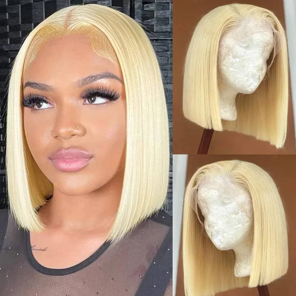 

613 Color Short Straight Bob Wig Human Hair 13x4 Lace Frontal Wig Honey Blonde Double Drawn Human Hair Lace Front Wigs For Women