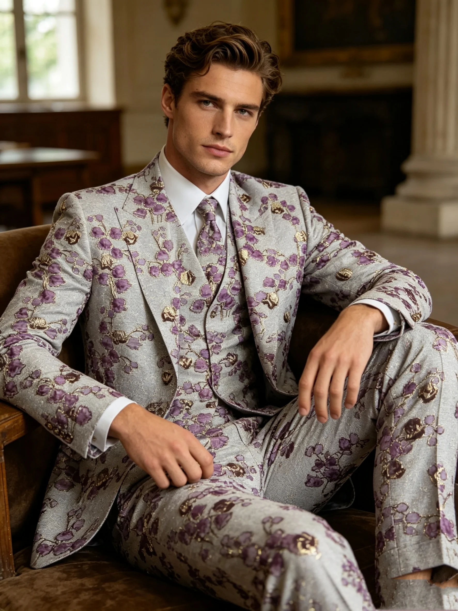 Grey Printed Men Suit Set 2 Piece Blazer+Pants Prom Wedding Tuxedos Coat Customized Formal Office Fashion Groom Jacket
