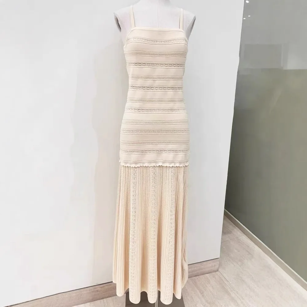 

Birthday Dress for Women Temperature Hollow Suspender Long Skirt Pattern Knitted Dress Slim and Elegant 2025 Summer New Style