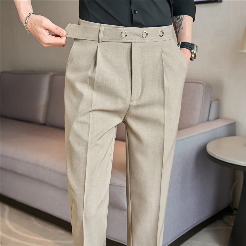 2024 Spring Men Belt Metal Decorative Western Pants Business Leisure Fashion Korean Edition Straight Leg High Grade Hombre Pants