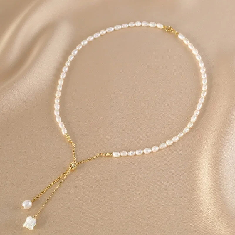 

Rice Grain Freshwater Pearl Lily of The Valley Necklace Women's Fashion Slider Design Sense Temperament Clavicle Neck Chain Pull