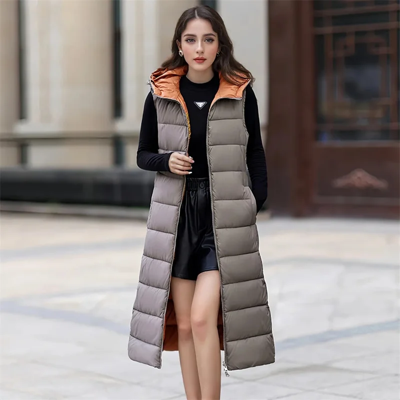 Nuovo gilet imbottito in cotone Gilet lungo Cappotto da donna in autunno e inverno Cintura di penetrazione su due lati