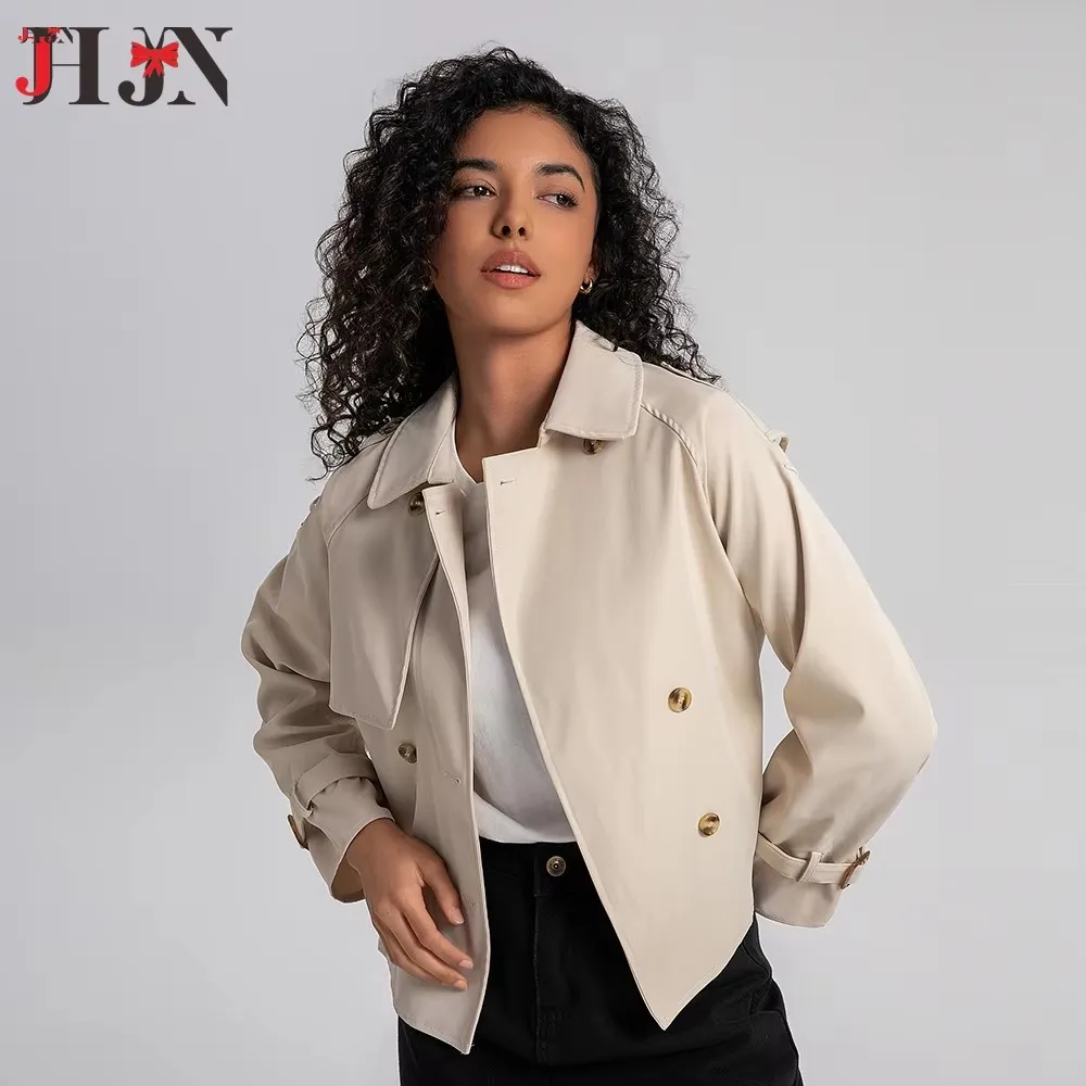 JHJN Ladies Vintage Cropped Trench Autumn Jacket Women Streetwear Double Breasted Long Sleeve Top Female Chic Coat Outfits