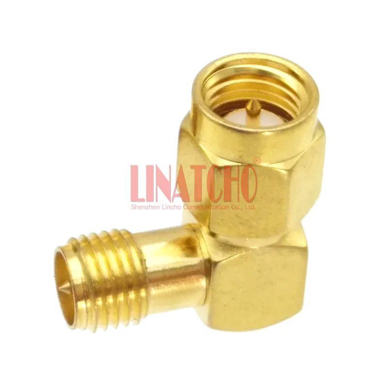 Turn A Corner Golden SMA Male Plug to RP SMA Female Plug 90 Degree Right Angle Connector