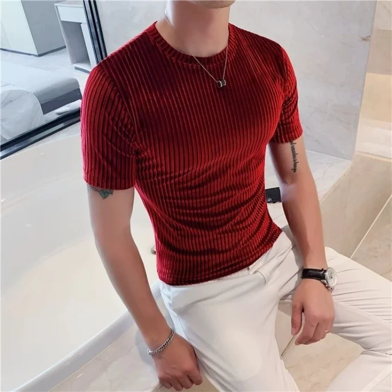 2023 Spring Summer Korean Version Men\'s Trend Slimming Short Sleeve Round Neck Solid Color Striped Printed Fashion Youth T-shirt