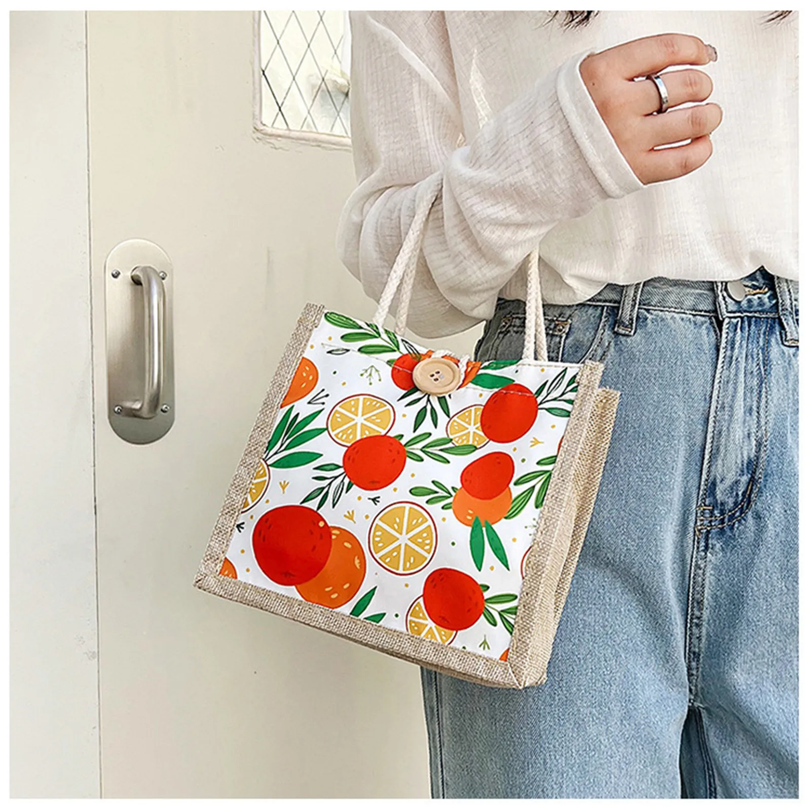 

Fashion Canvas Tote Bag Women Linen Button Zipper Handbag Large Capacity Grocery Bag Fruit Print Portable Shopping Bag Lunch Bag