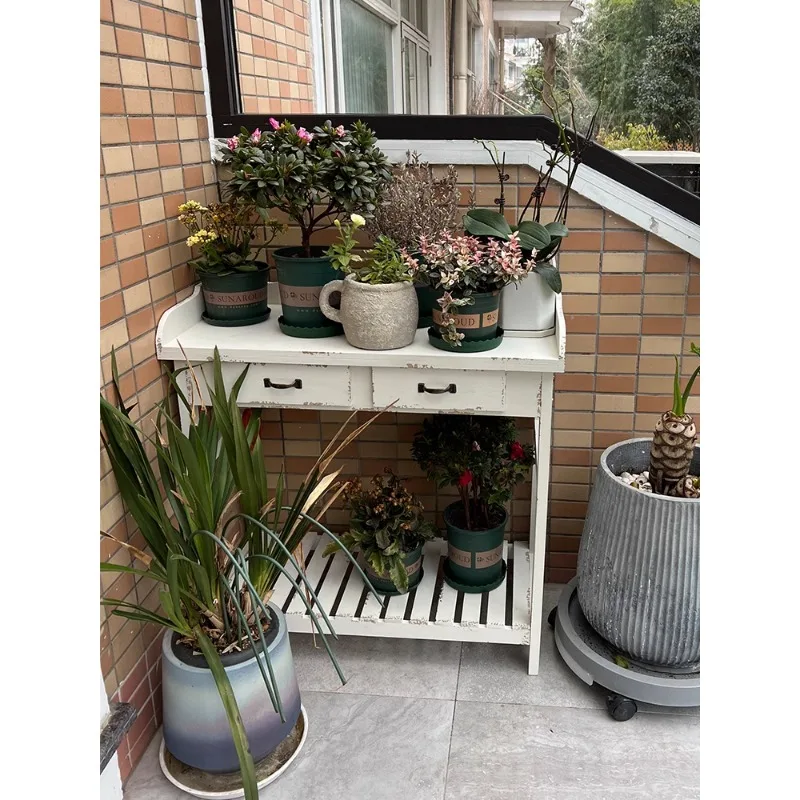 حامل زهور للحديقة الخارجية الأمريكية فن رعوي قديم مضاد للتآكل من الخشب الصلب مستطيل لمدخل الطاولة مزخرف