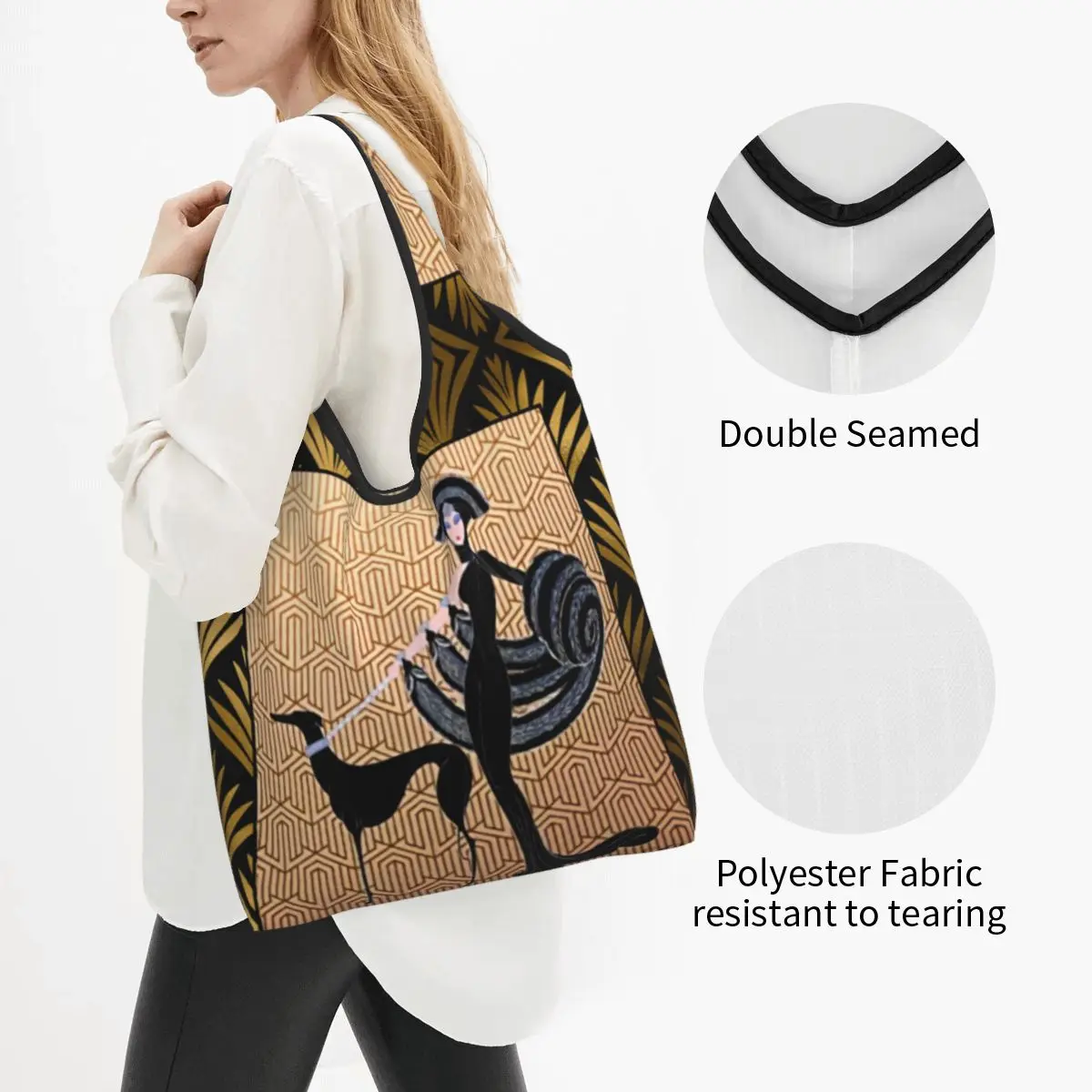 Custom Art Deco Erte Greyhound Shopping Bags Women Portable Large Capacity Grocery Whippet Sighthound Dog Tote Shopper Bags