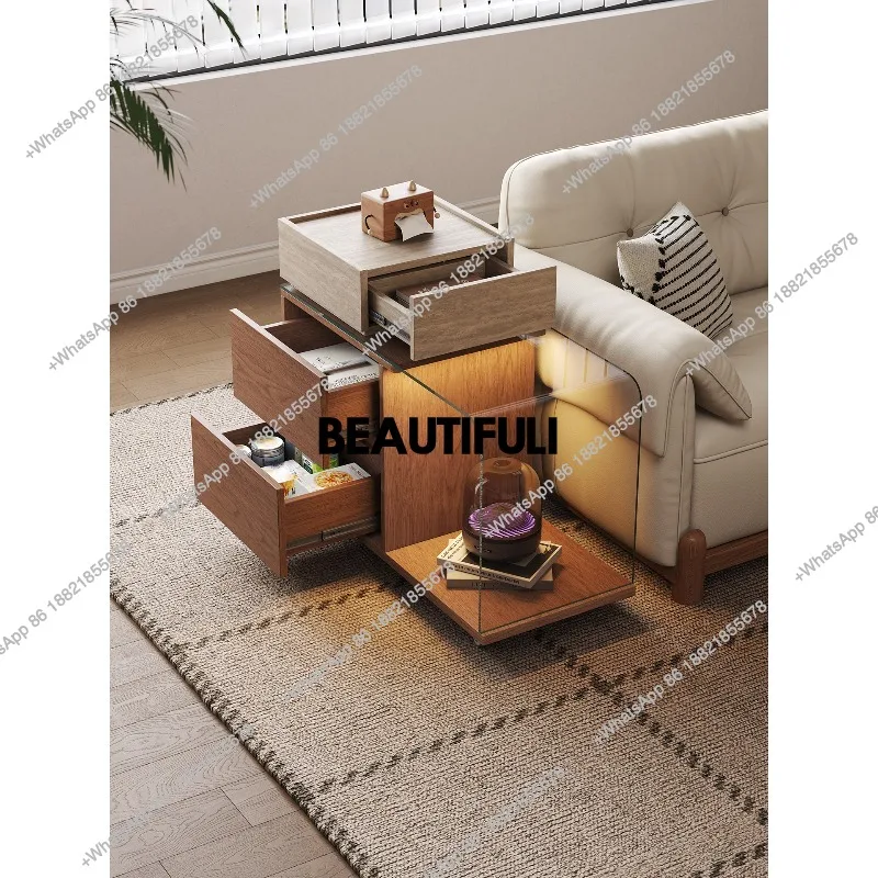 Mid-style solid wood glass side tables, small apartment sofa corners, wheels, movable classroom living room storage