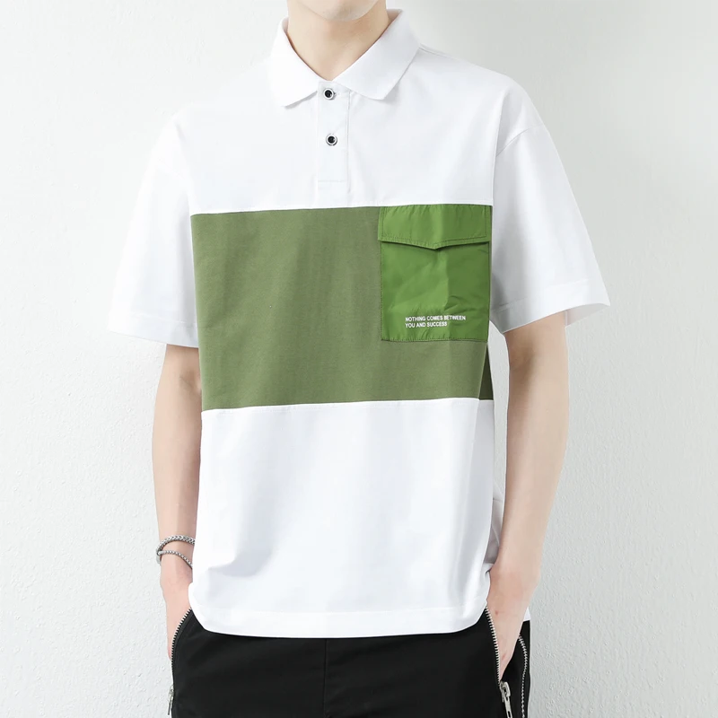 Stylish Contrasting Colors Spliced T-shirts Casual Polo-Neck Summer Pockets Men's Clothing Short Sleeve All-match Polo Shirts