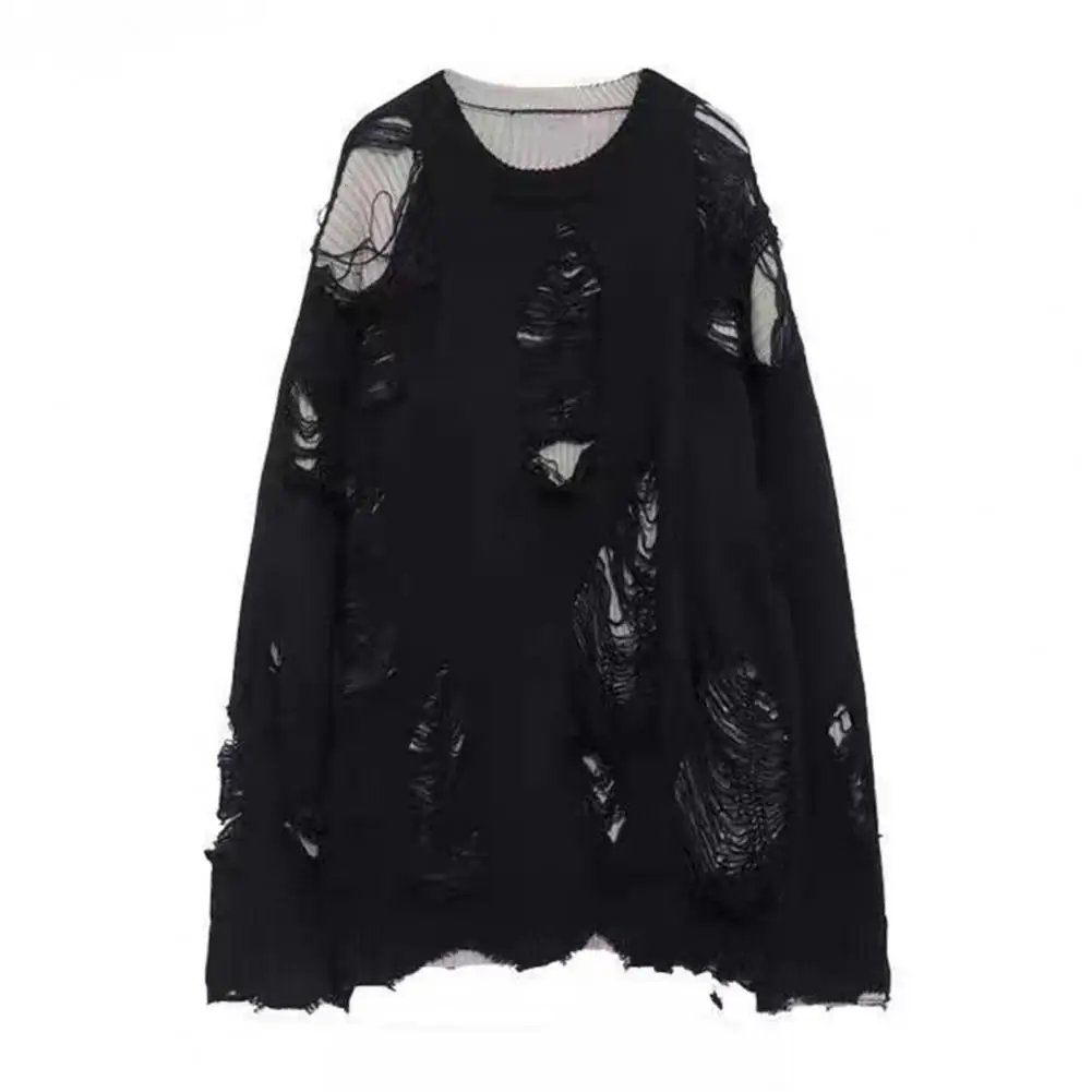 Solid Color Sweater Hop Inspired Ripped Sweater with Hollow Out Design for Men Stylish Two-piece Look with Soft Knitted for Fall