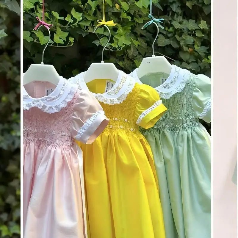 

0-12Y Baby Girl Summer Handmade Embroidery Smocked Pink Yellow Green Dress for Birthday Photography Holiday Eid A257