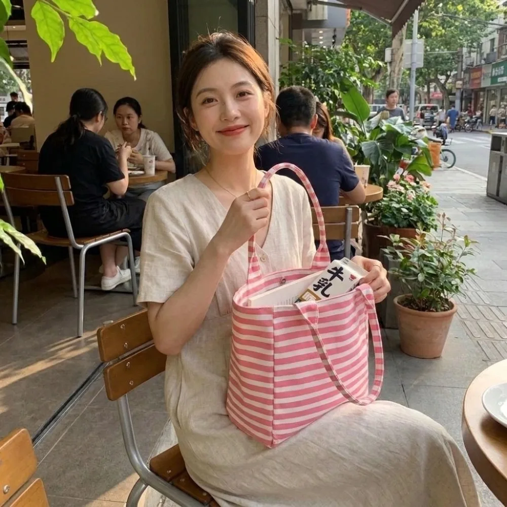 Durable Large Capacity Canvas Tote Bag Pink Thin Thick Striped Shoulder Bag Lightweight Reversible Handbag Travel