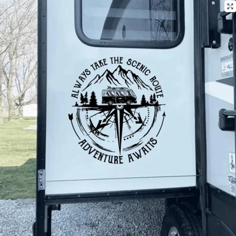 Adventure Awaits Camping Compass RVs Car Sticker Decal Always Take The Scenic Route Travel Auto Vehicle Motorhome Decor