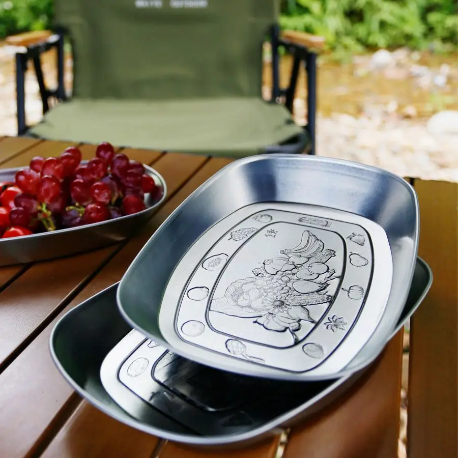 Outdoor Camping Fruit Plate European Retro Tinplate Plates Self-driving Travel Portable Tableware Barbecue