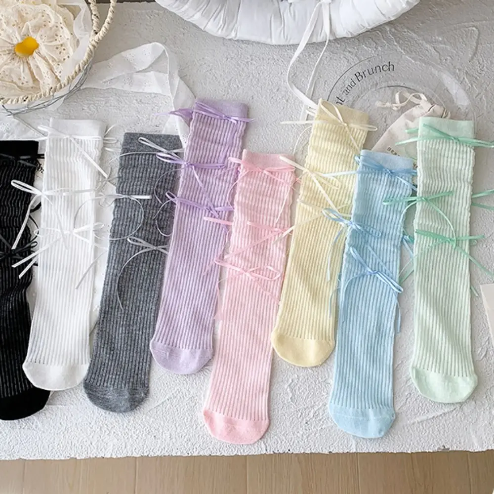 

Solid Color Balletcore Socks Korean Style Autumn&Winter Mid-Tube Hosiery Cloth Accessories Ribbon Bow Thin Stockings Girls