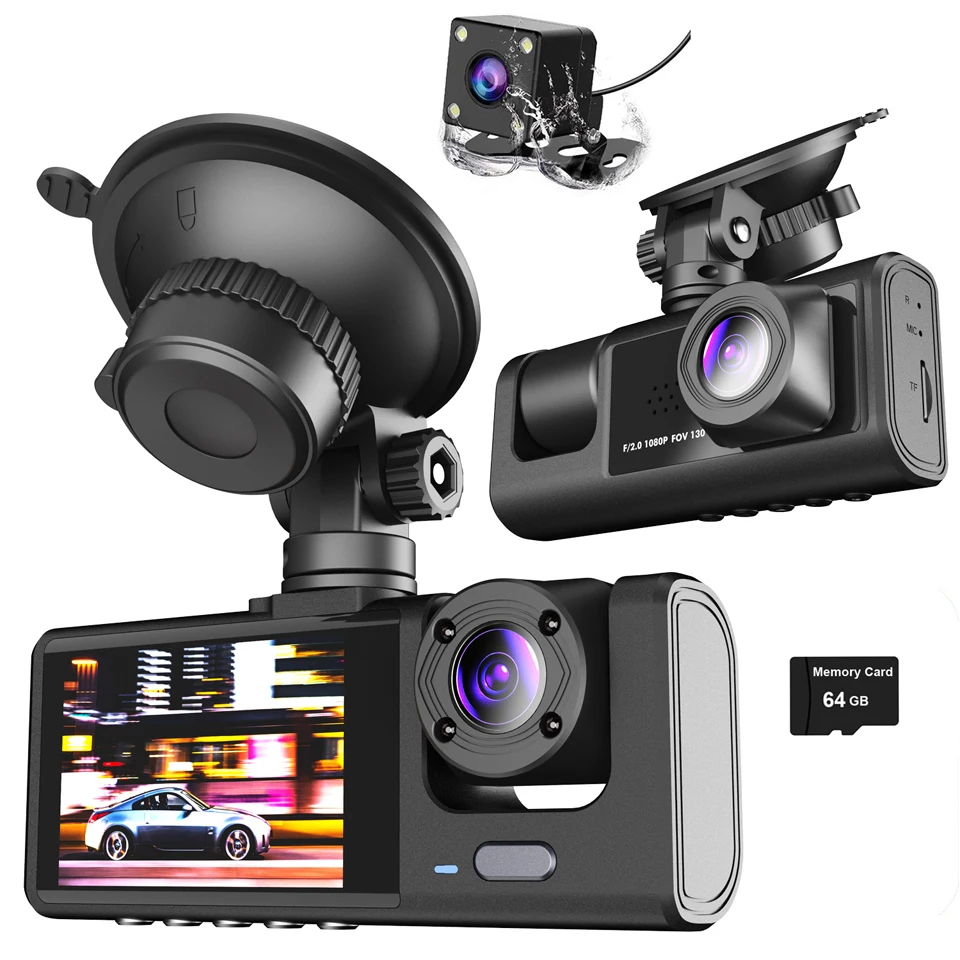 3 cameras Dash Cam For Cars Front HD1080P Interior and Rear recording Night Vision IR Cabin Light with 2 inch IPS Screen Car DVR