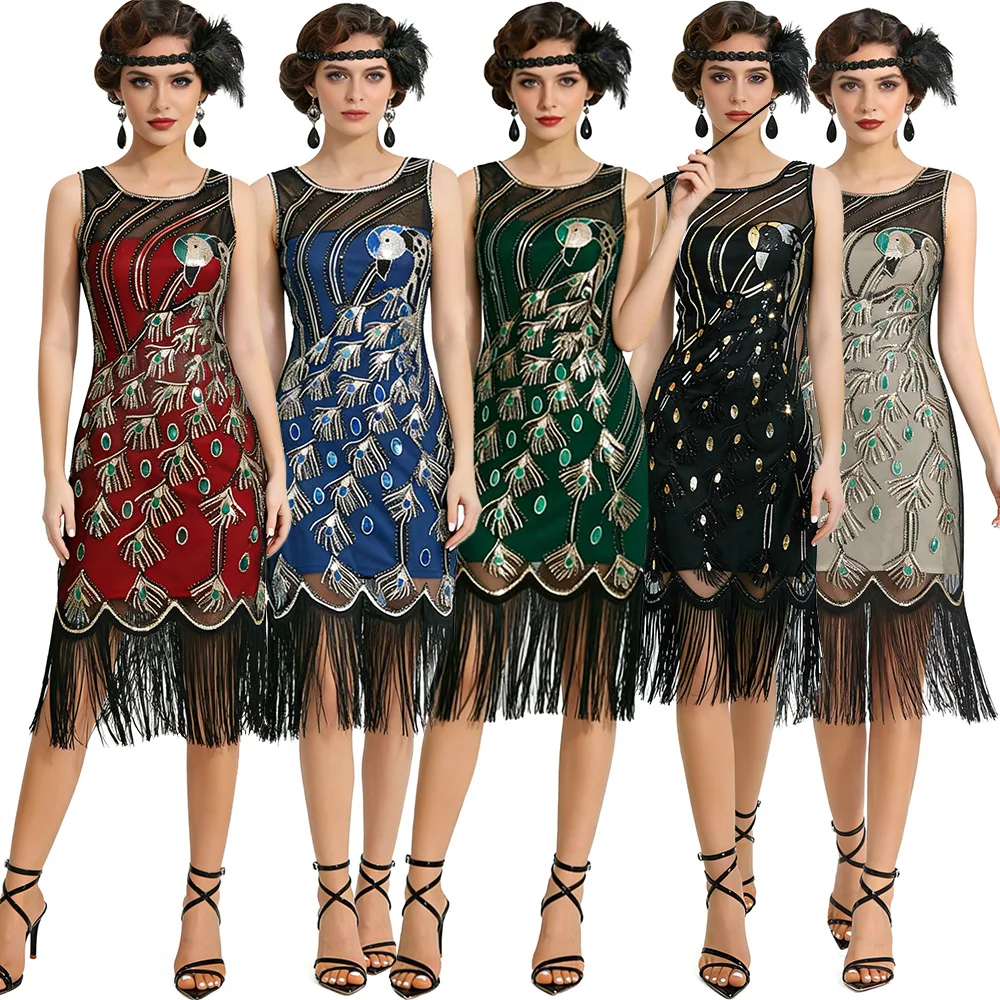 Gatsby Vintage Large Size Sequin Tassel Prom Party Dress Women's Ethnic Costume Stage Performance Dress Spring 2026