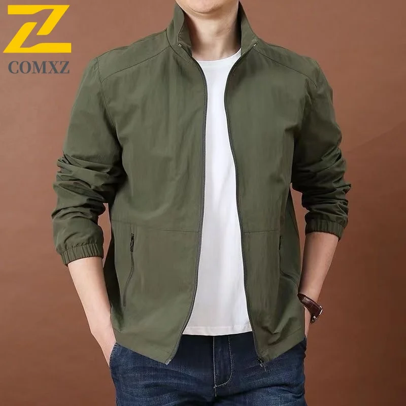 

Men Casual Jacket Middle Age Stand Collar Loose Fit Big Size Outerwear Lightweight Spring Autumn Thin Coat Breathable Daily Wear