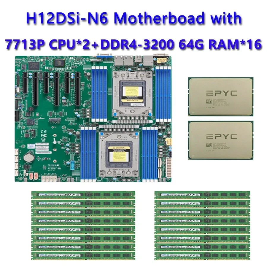 

Для Supermicro H12DSI-N6 материнская плата + 2 * EPYC7713P 2,0 Ghz 64C/128T 256MB 225W CPU Процессор + 16*64GB DDR4 3200mhz RAM память