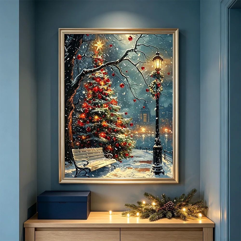 Christmas Tree Wall Art Prints Night Street Lamp Landscape Canvas Painting Poster Picture for Office Kitchen Home Decor