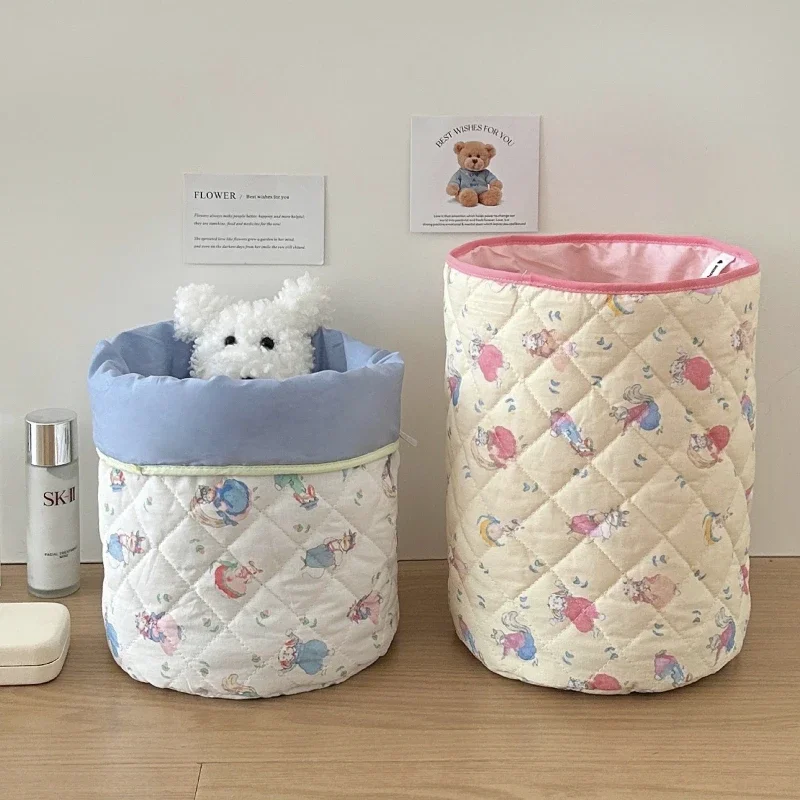 Cute Cotton Storage Basket Folding Basket for Girls Room Decor Mini Desktop Storage Korean Style Household Decor Organizer Case