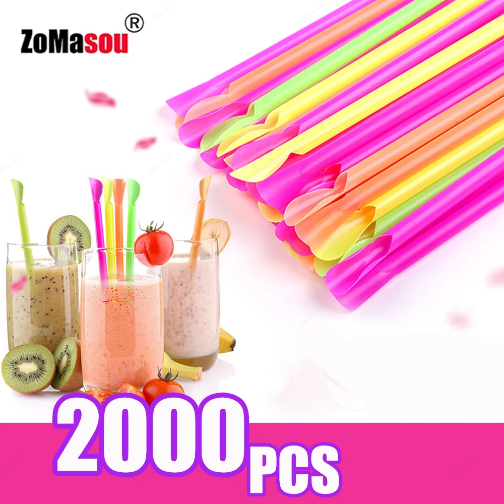 50-2000Pcs Plastic Spoon Straws Drinking Straw Color Milkshake Smoothie Spoon Straw for Bar Birthday Party Supplies Wholesale