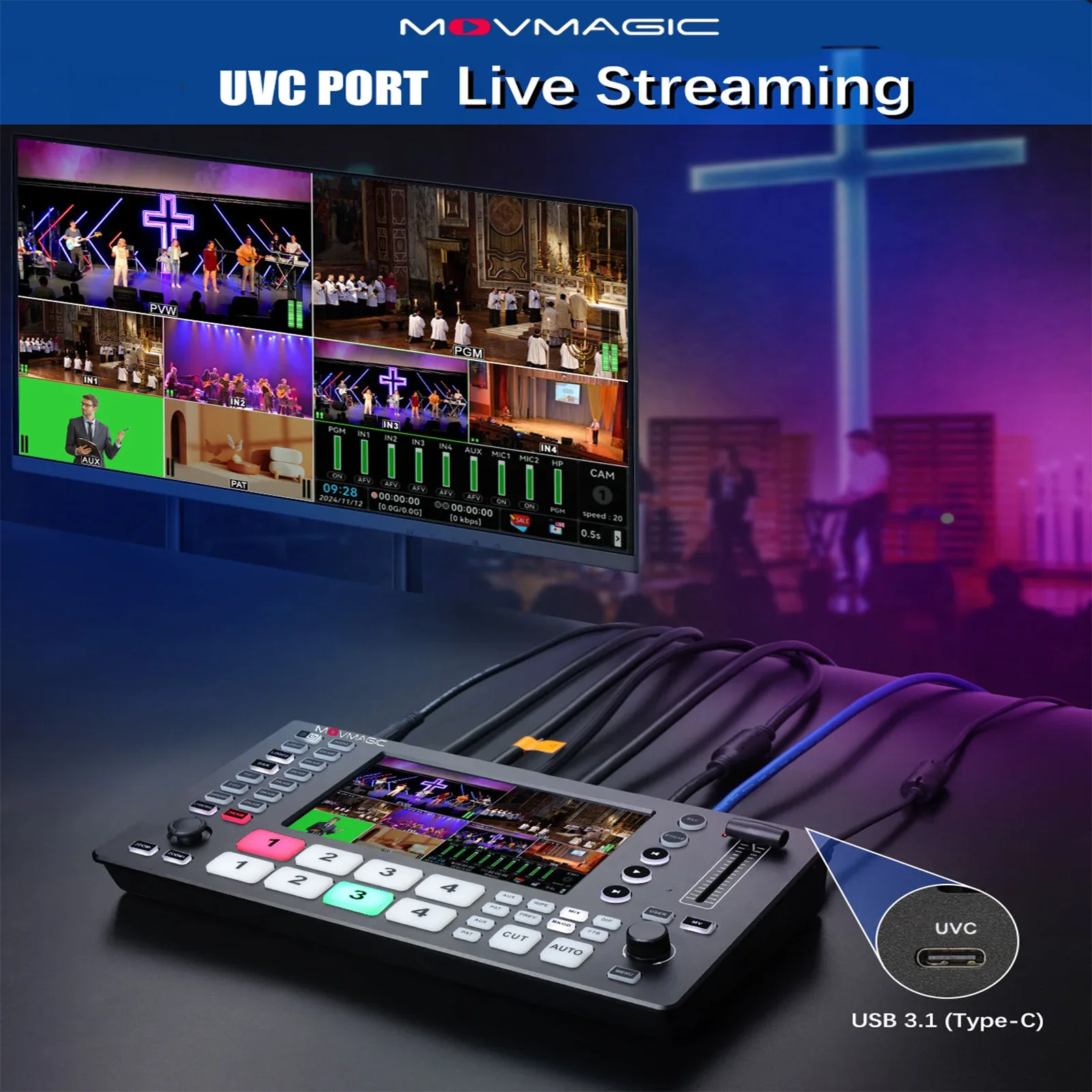 Movmagic 5-Channel Multi- vi ew 4K SDI/ Video Switcher Metal Construction for Broadcasting/Live Streaming Compatible OBS/VMix