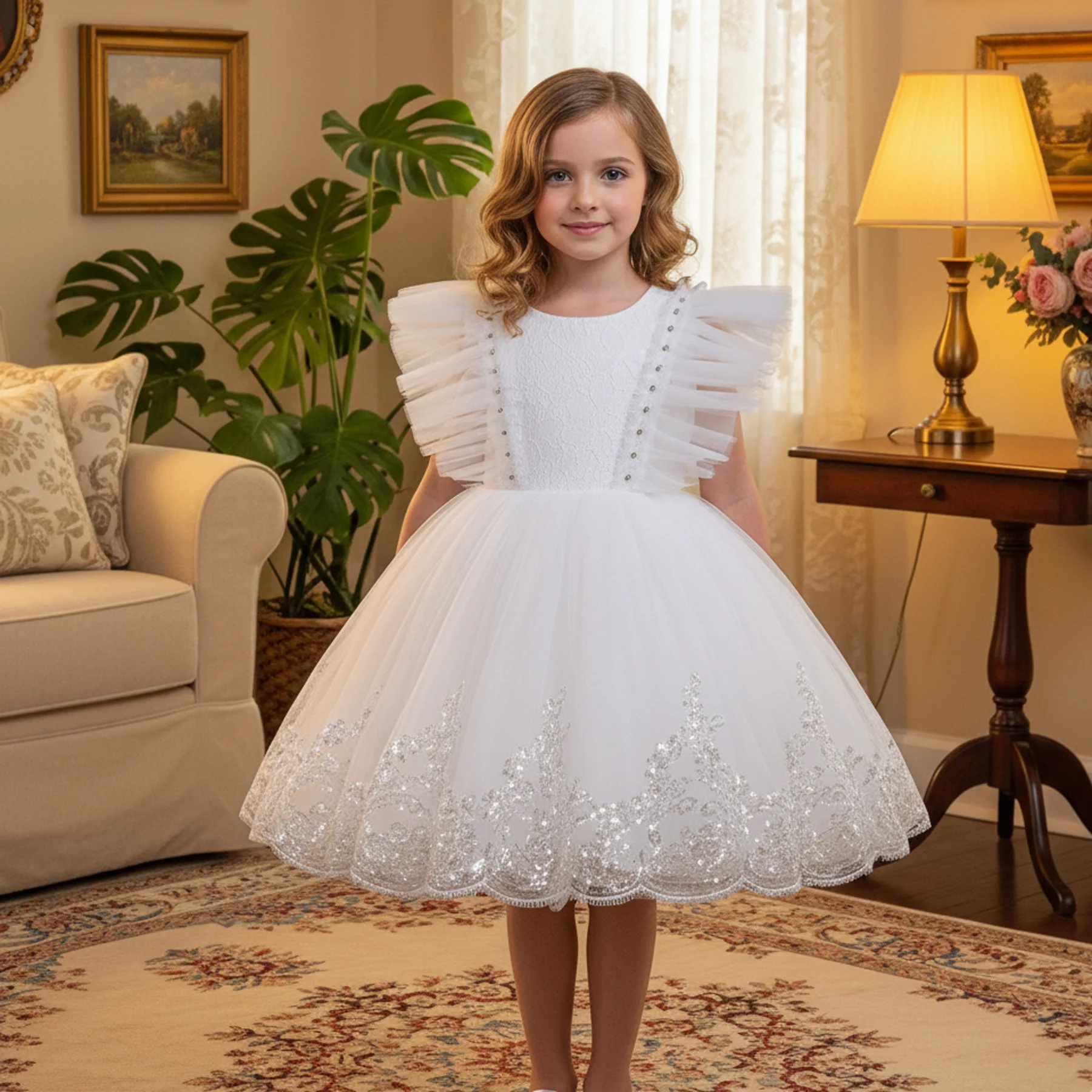 Flower Girls Flying Sleeve Tulle Princess Dress For Children Wedding Birthday Party Pageant Ceremony Performance Puffy Gown