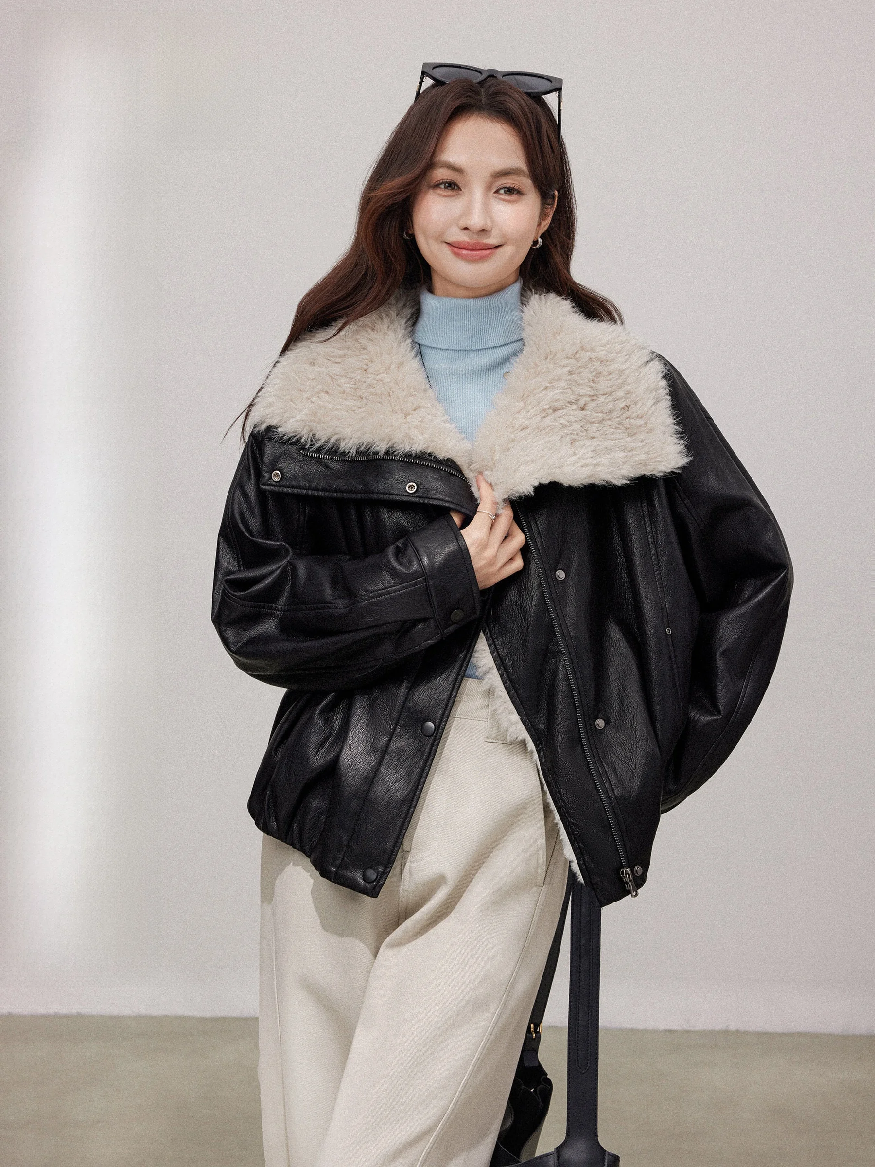 

Bla Fur Collar PU Leather Jaet Women's Winter Warm Thiened Motorcycle Sle Casual Loose Fit Long Sve Zipper Coat