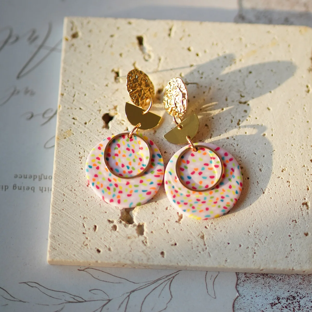Multi-Color Polymer Clay round Disc Earrings with Trendy Metal Chip Rings Dangle Dots for Women Fashionable Daily Party Accessor
