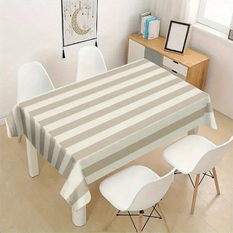 1pc Soft, Fashionable and Beautiful Light Brown and White Striped Tablecloth, Machine Washable and Easy to Cleanyzb