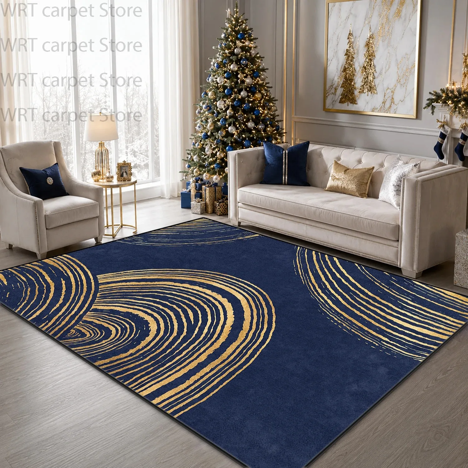 Luxury Abstract Swirl Area Rug Navy Blue Golden Wave Line Modern Art Floor Carpet for Living Room Bedroom Home Decor