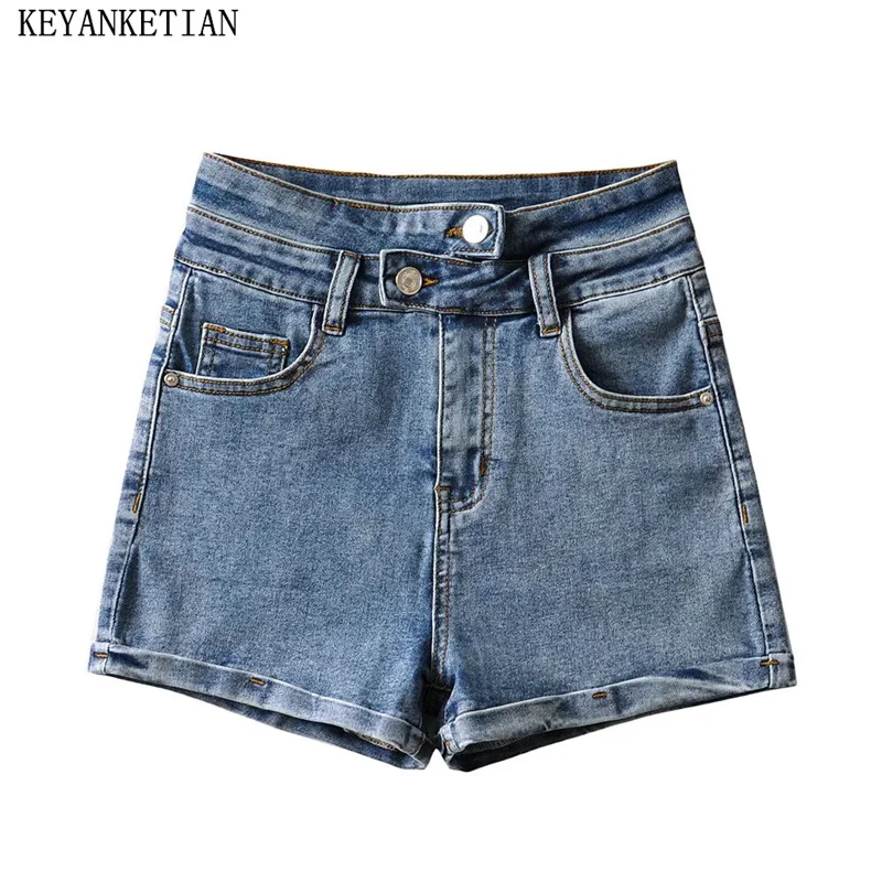 

KEYANKETIAN New Launch Women's Zipper High-waisted Denim Shorts Street style Seam Detail Pockets Slim Straight-leg Hot Shorts