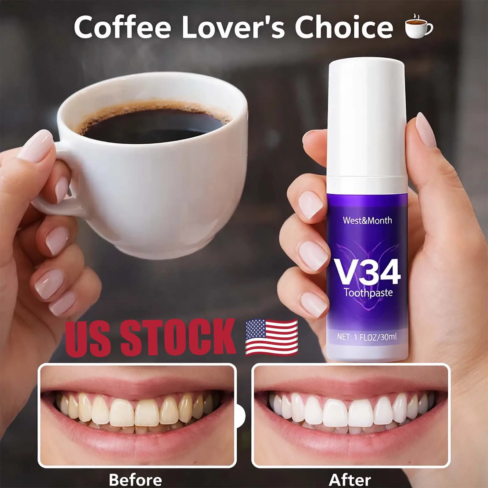 V34 Teeth Whitening Mousse, Purple Color Corrector Toothpaste, Dental Care, 30ml
