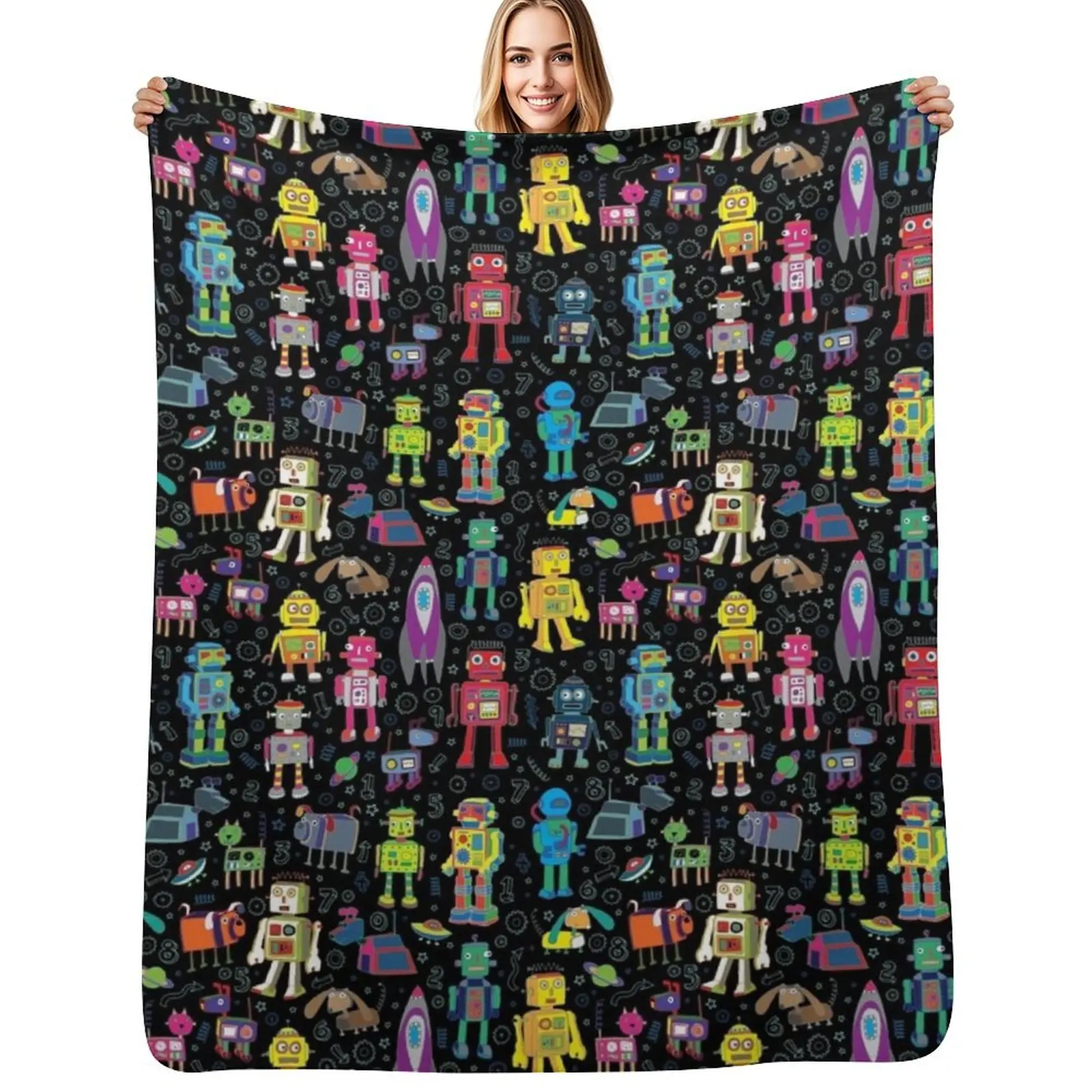 Robots in Space - black - fun pattern by Cecca Designs Throw Blanket Durable Warm Blanket for Daily Home Use
