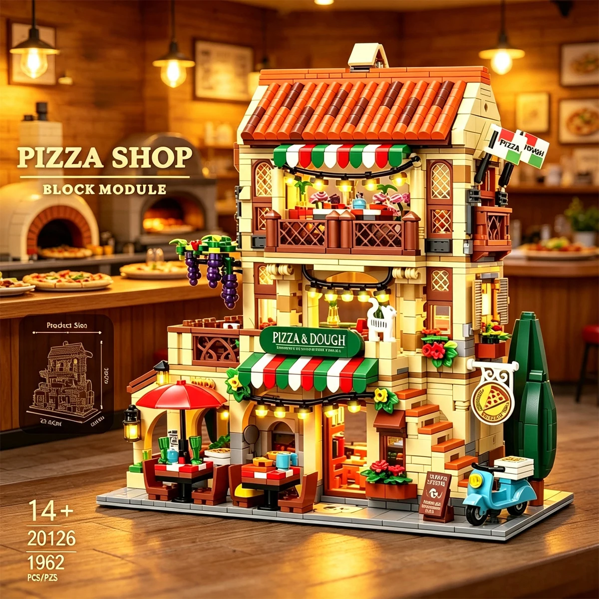 Street View Series Italian Pizza Shop Building Blocks Third Floor Restaurant Model Bricks Toys For Kid Birthday Gift MOC 1962PCS