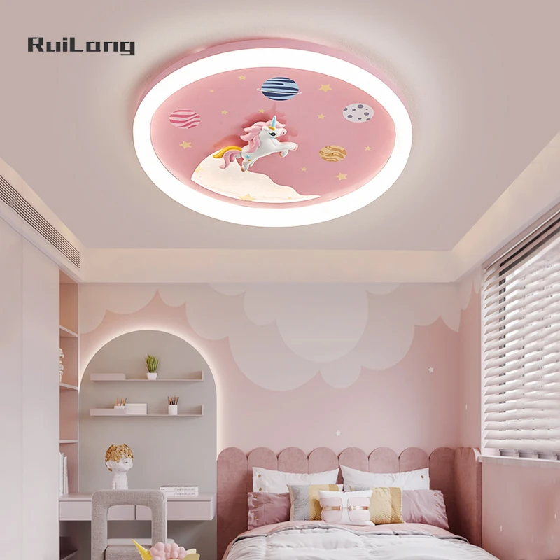 Kids Room Ceiling Light Unicorn Design Cute Cartoon Baby Chandelier Girls Bedroom Pink Room Decor Plafon Led Space Ceiling Lamp