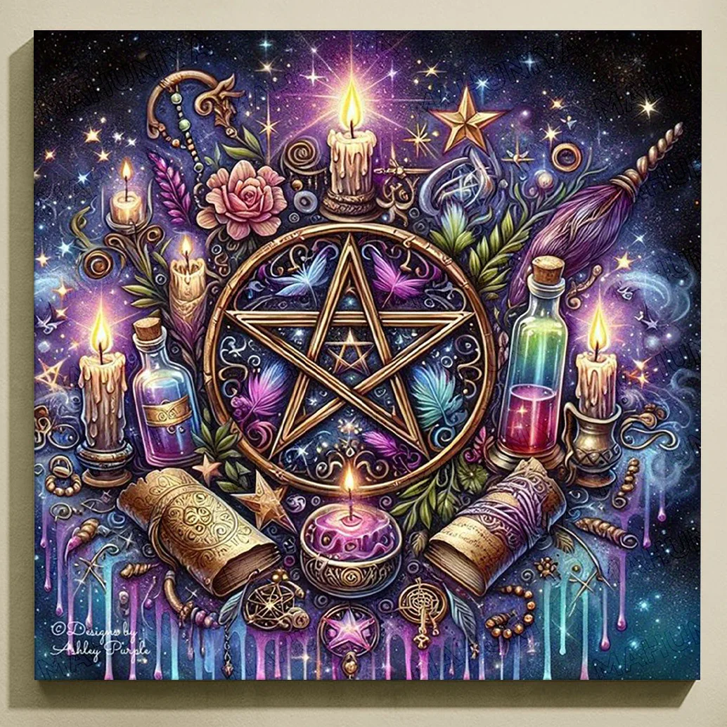 NOUVEAU Kit de peinture diamant pour adultes - Pentagramme, Bougies enchantées, Parchemin mystique, Fantaisie - DIY