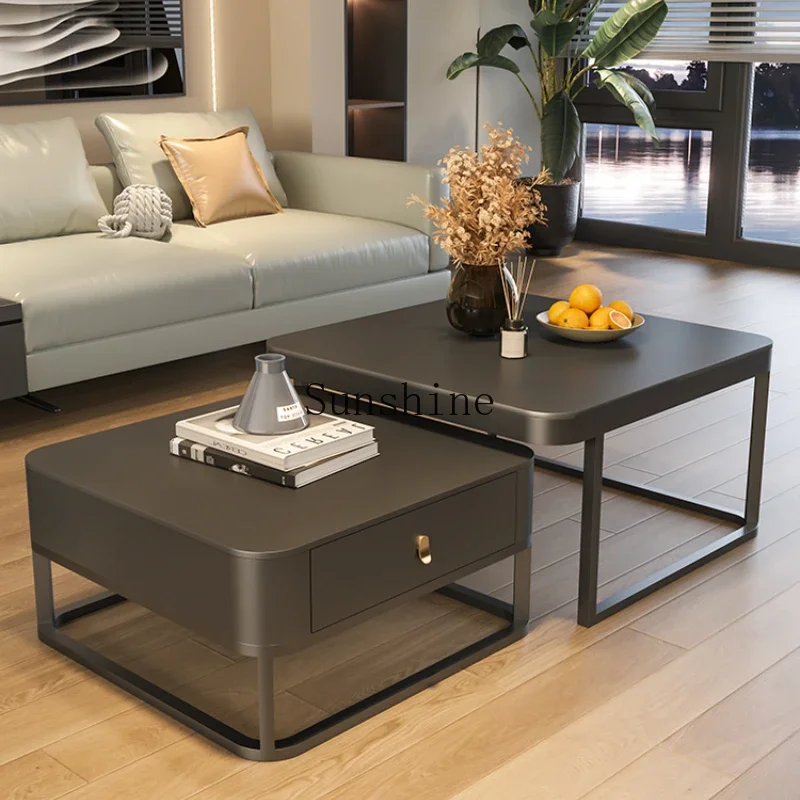 Square black rock slab light luxury modern simple small apartment coffee table size combination