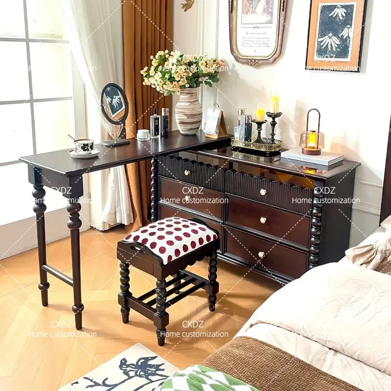 Retro Solid Wood Dresser with Rotating Makeup Table Integrated Chest of Drawers Antique Bedroom Storage Cabinet Furniture