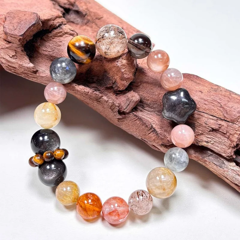 Natural Tiger Eye Stone Silver Obsidian Tea Golden Rutilated Quartz Seven Bracelet Moonstone Beaded Jewel
