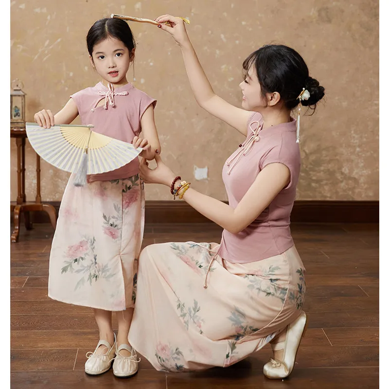 Chinese Style Mom and Daughter Matching Clothes Sets 2024 Summer Baby Girl and Mother Equal Pink Tops Skirts Two Piece Outfits