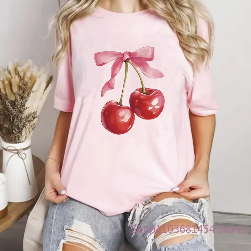 

Pink Color Cherry T-shirts Women Manga Top Female Anime Y2k Clothing Fashion Graphic Tshirt Women